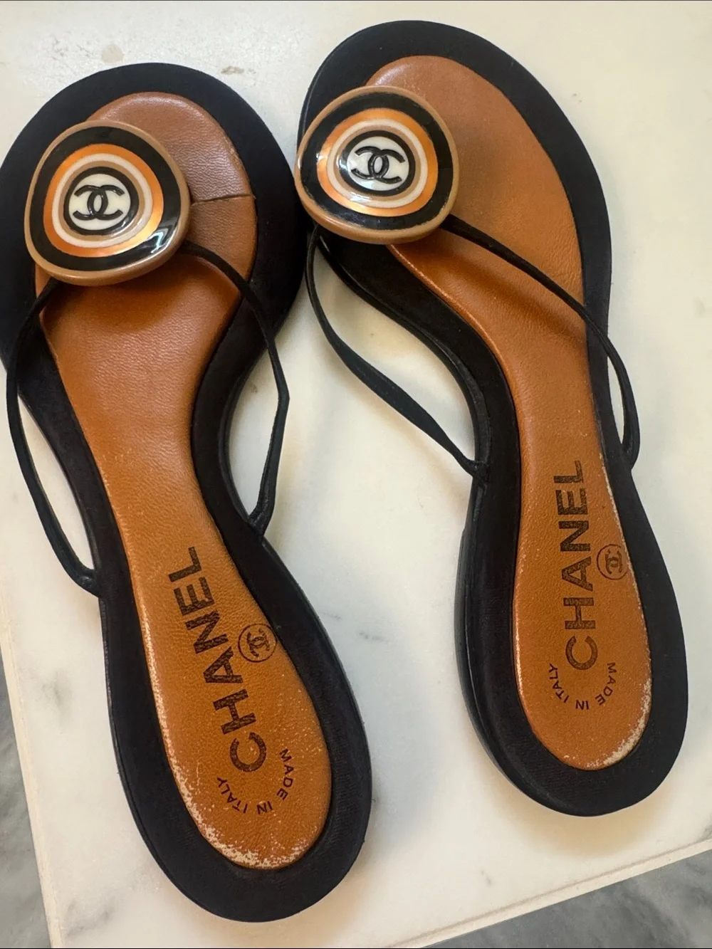 CHANEL Black and Brown Logo Round-Toe Thong Sandals